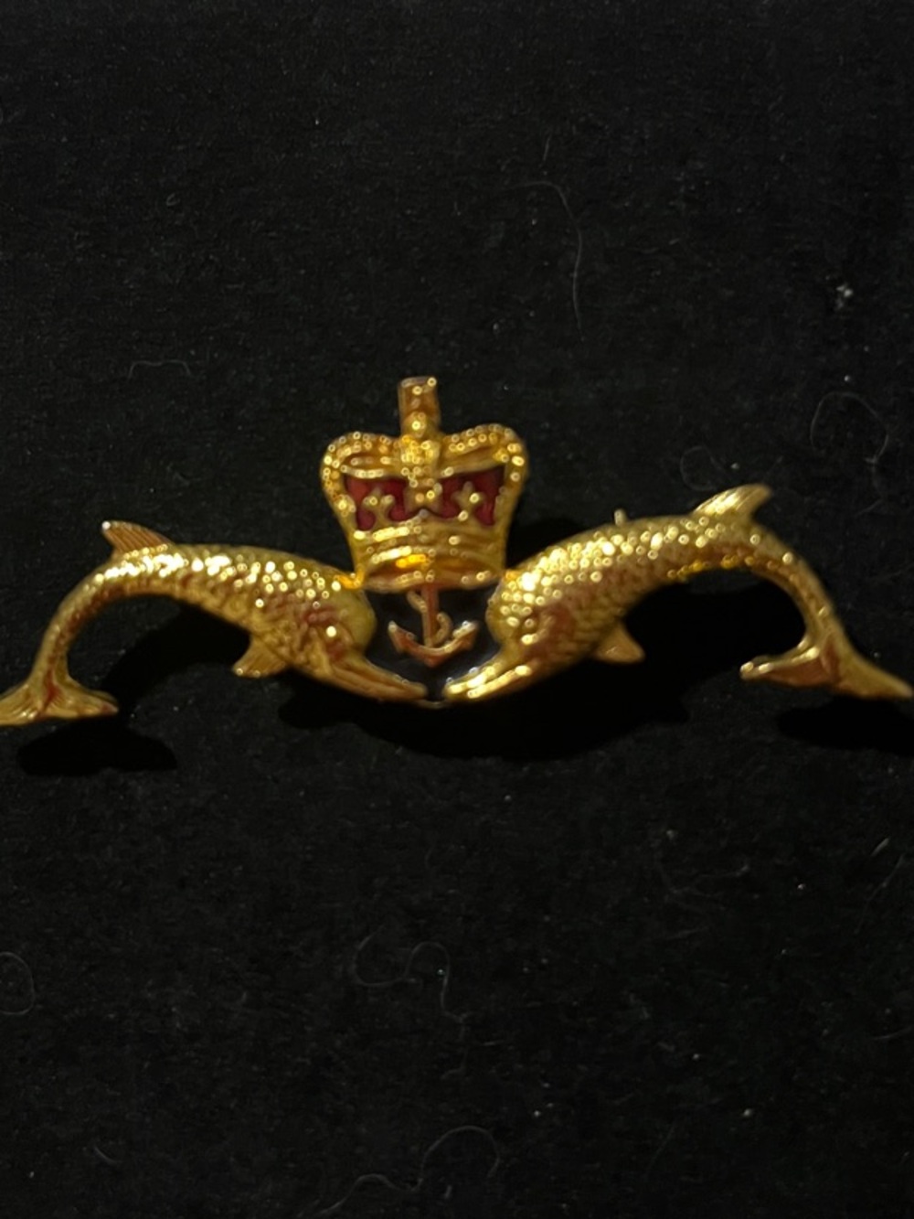 Gold Enamel Dolphin Anchor Brooch - Royal Navy Style